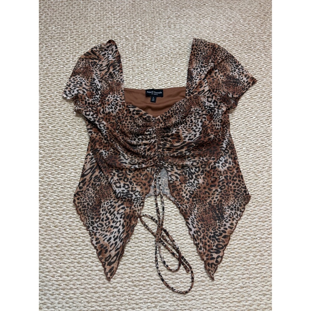 Leopard Print Mesh Ruched Handkerchief Hem Top Brown festival Whimsical large